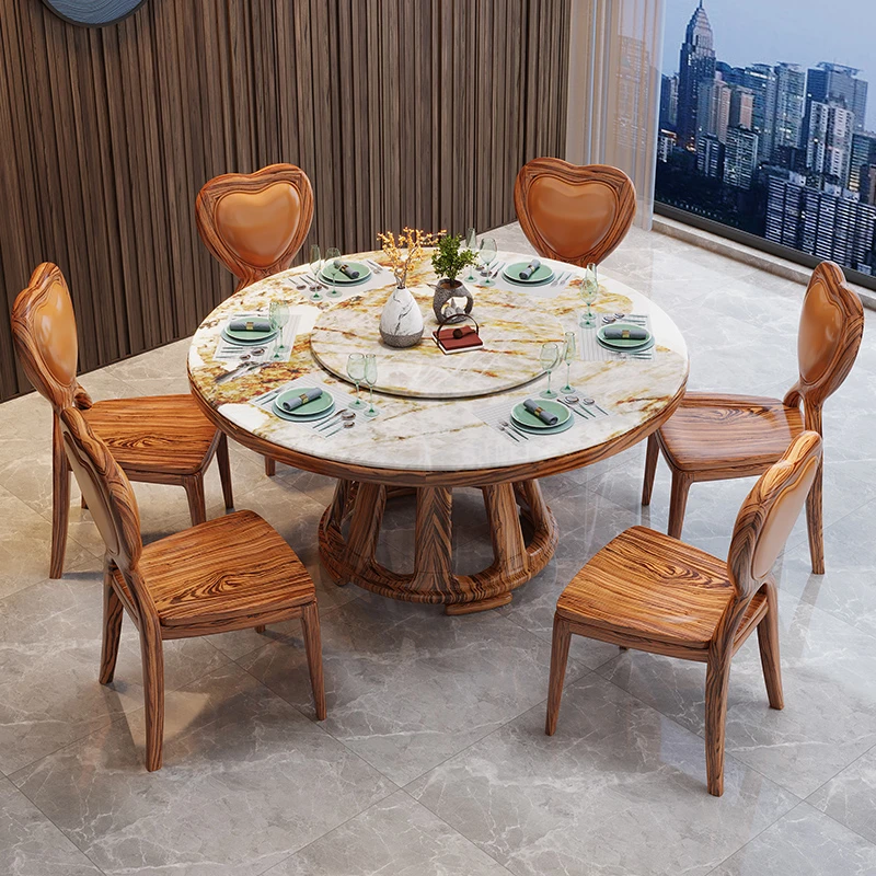乌金木大理石圆餐桌新中式家用饭桌现代带转盘桌子实木餐桌椅组合