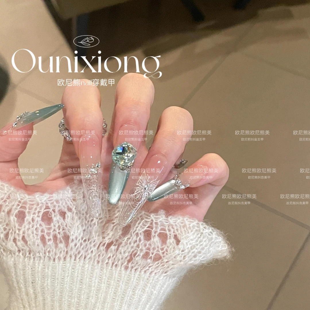 薄荷汽水渐变奶绿猫眼珍珠链条绿钻纯手工穿戴甲