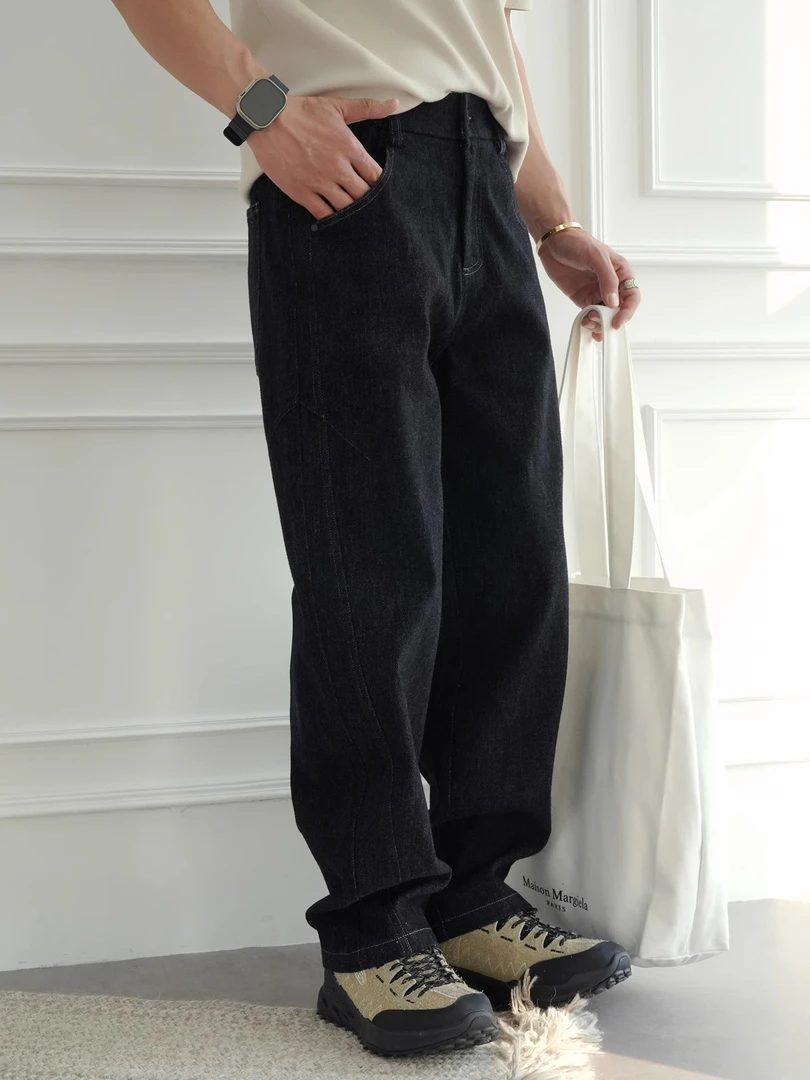 美式复古拼接辑明线阔腿休闲裤男秋冬新款潮牌褶皱垂坠宽松直筒裤