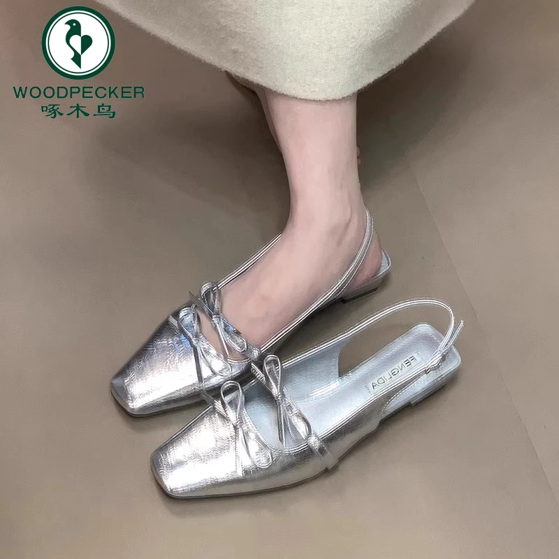 啄木鸟法式粗跟单鞋女2025春夏季新款仙女风蝴蝶结后空包头凉鞋女