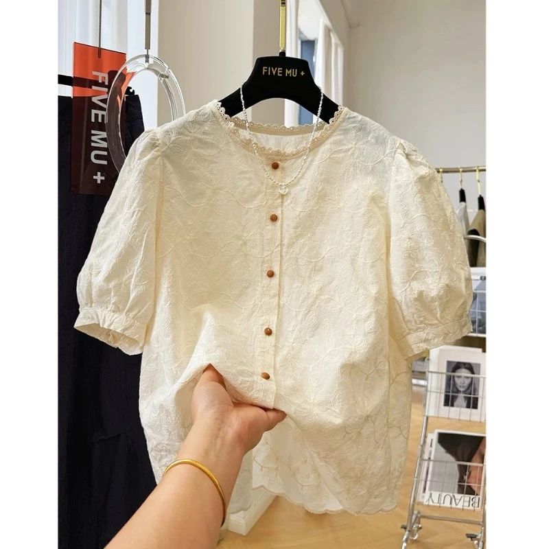 季念100%棉夏季新款韩版时尚短袖衬衫女设计感小众宽松气质上衣女