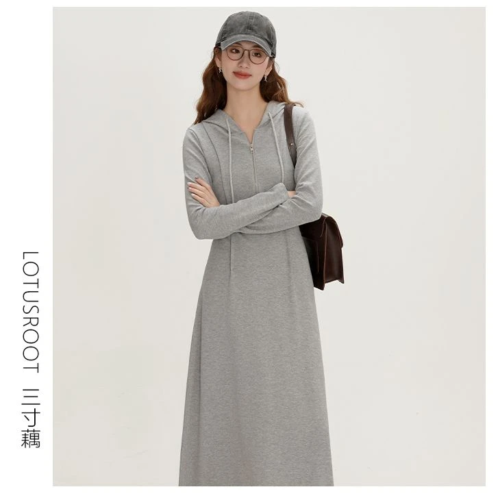 三寸藕【珍妮特调】灰色连帽卫衣连衣裙设计感收腰内搭a字裙3059