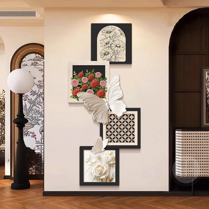 法式中古风入户玄关装饰画玫瑰蝴蝶壁灯客厅挂画复古走廊过道壁画