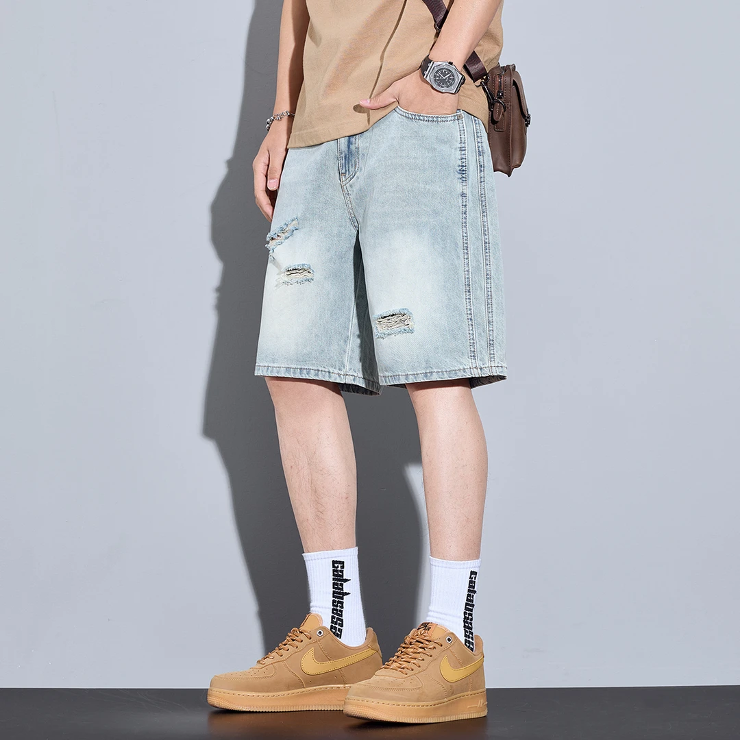 Kuvine美式复古破洞牛仔短裤男潮牌宽松休闲大码五分裤夏季中裤薄