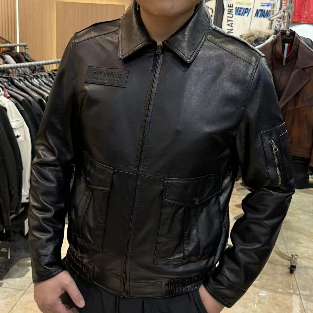 男士真皮牛皮春秋单款飞行服男款夹克美式复古休闲66112黑色现货