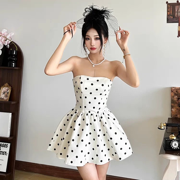 Malou小清新公主风波点弹力收腰百搭显瘦蝴蝶结连衣裙女K24D59448