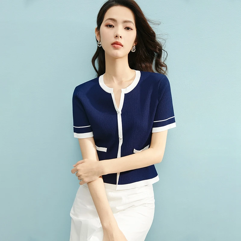 晚白新款时尚简约气质上衣休闲弹力撞色针织短袖女25021416