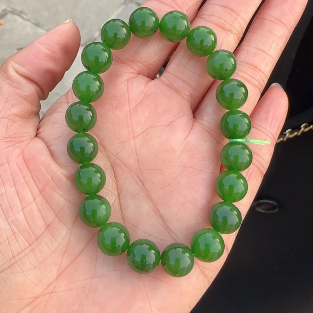 和田玉未镶嵌手链卡10碧玉辣阳绿老俄料手串