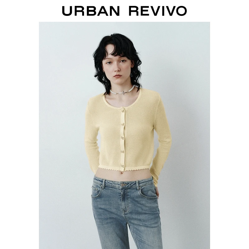 UR2026春季新款女装蝴蝶结纽扣肌理感针织开衫UYL950144+