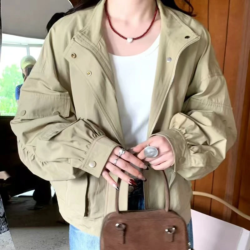 25605新款英伦风简约百搭宽松短款休闲外套夹克上衣女  3