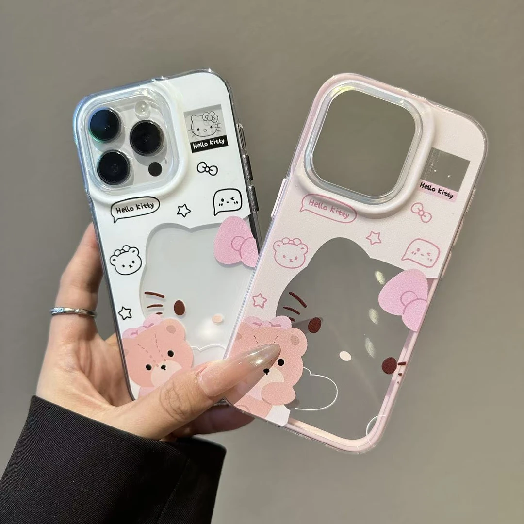 镂空KT猫抱熊适用于苹果16/17手机壳iPhone15透明大孔二合一13软