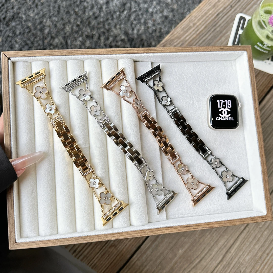 不掉色四叶草链条表带适用苹果手表s11 s10 s9 s8 s7 s6 se表带女