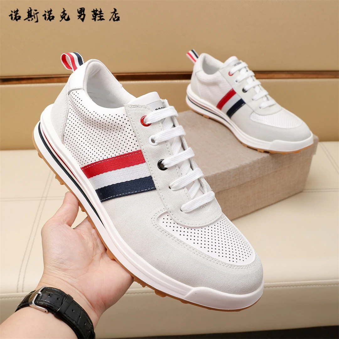 潮牌男士板鞋春夏防滑真皮冲孔透气小白鞋时尚复古轻奢运动休闲鞋