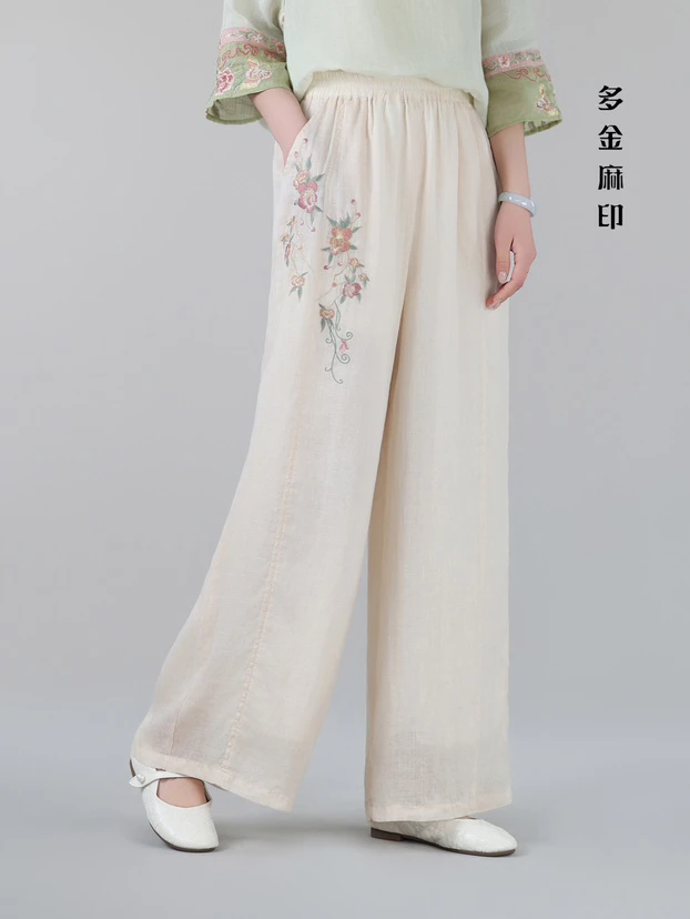 多金麻印25夏款爆款口袋重工刺绣双层苎麻直筒裤休闲裤6776
