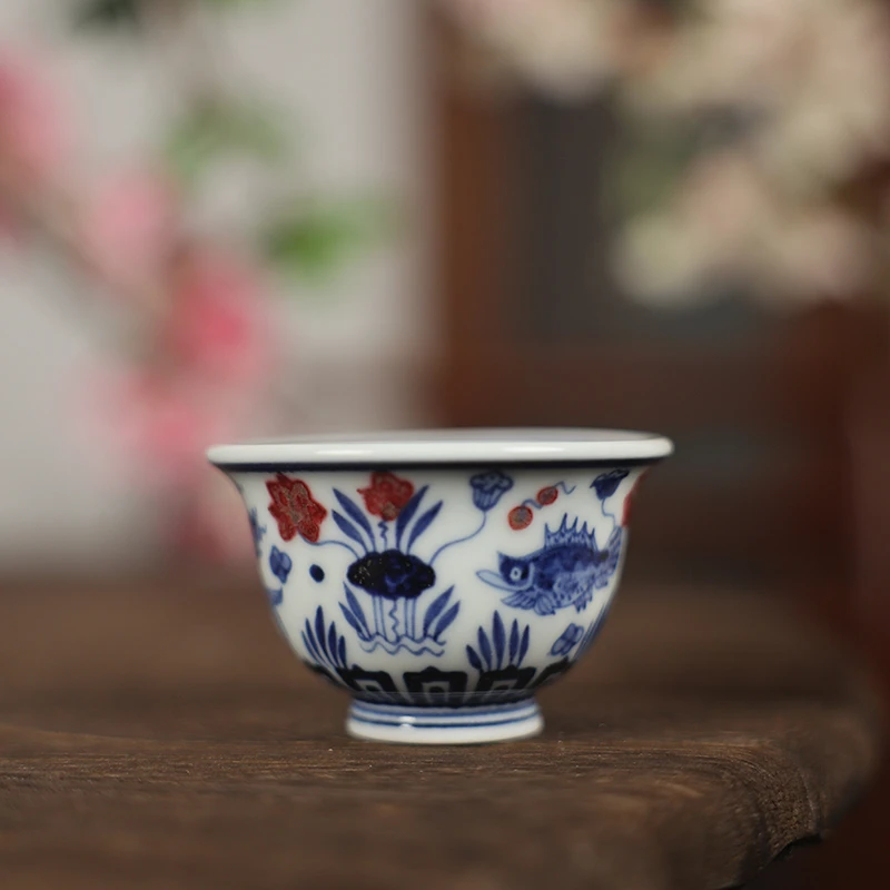 慕古釉里红鱼藻小压手杯40cc（moshe106）