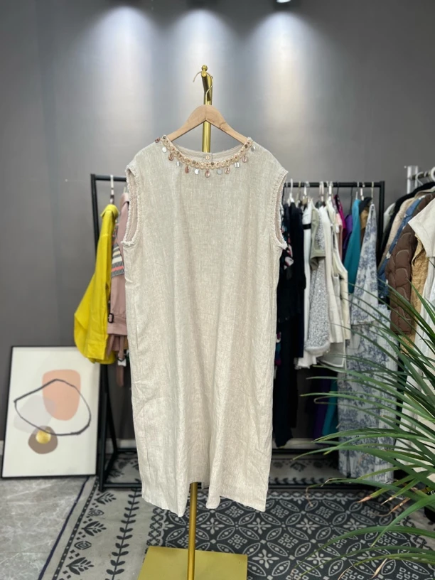 南油新款老钱风亚麻度假风连衣裙