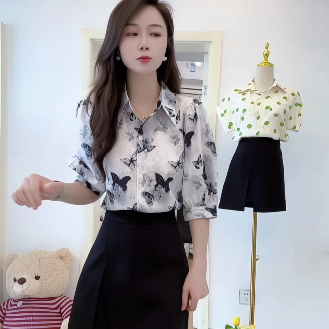 设计感小众气质蝴蝶印花衬衣年夏季新款衬衫女显瘦泡泡袖上衣