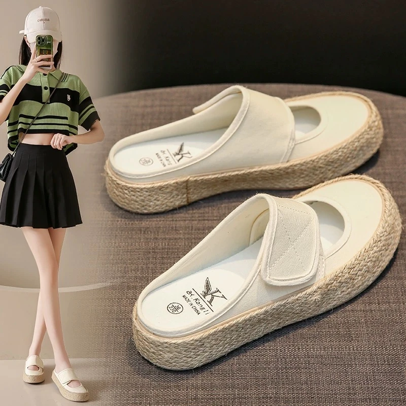 春夏新款女生春夏季休闲百搭尤莱特半托帆布休闲鞋8680