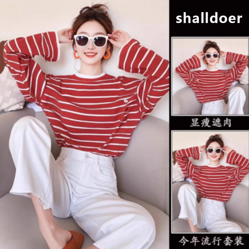 香朵儿个性街头风条纹打底衫女2025春秋新款显高显瘦圆领T恤上衣