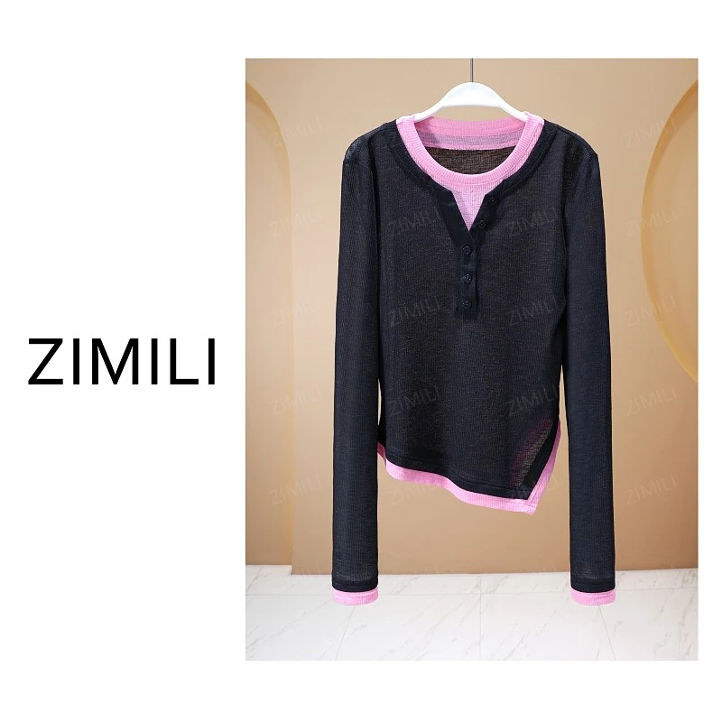 【亮哥女装】2025秋冬新品暗夜黑撞粉拼接时尚网纱休闲上衣26309-B2