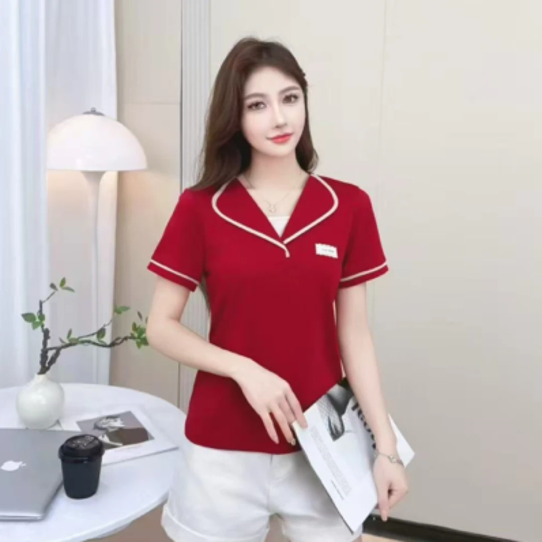 2517#【衣长53】海军领短袖拼接时尚明线装饰T恤减龄女士摩斯风