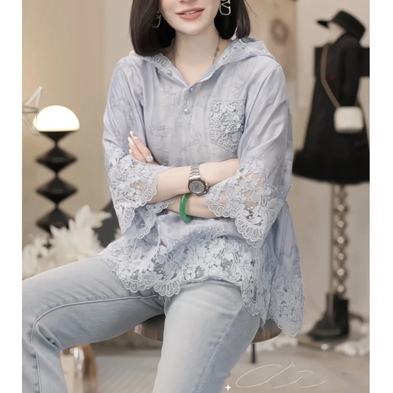 高级感蕾丝花边连帽衬衫女2025春季新款洋气宽松显瘦设计感上衣潮