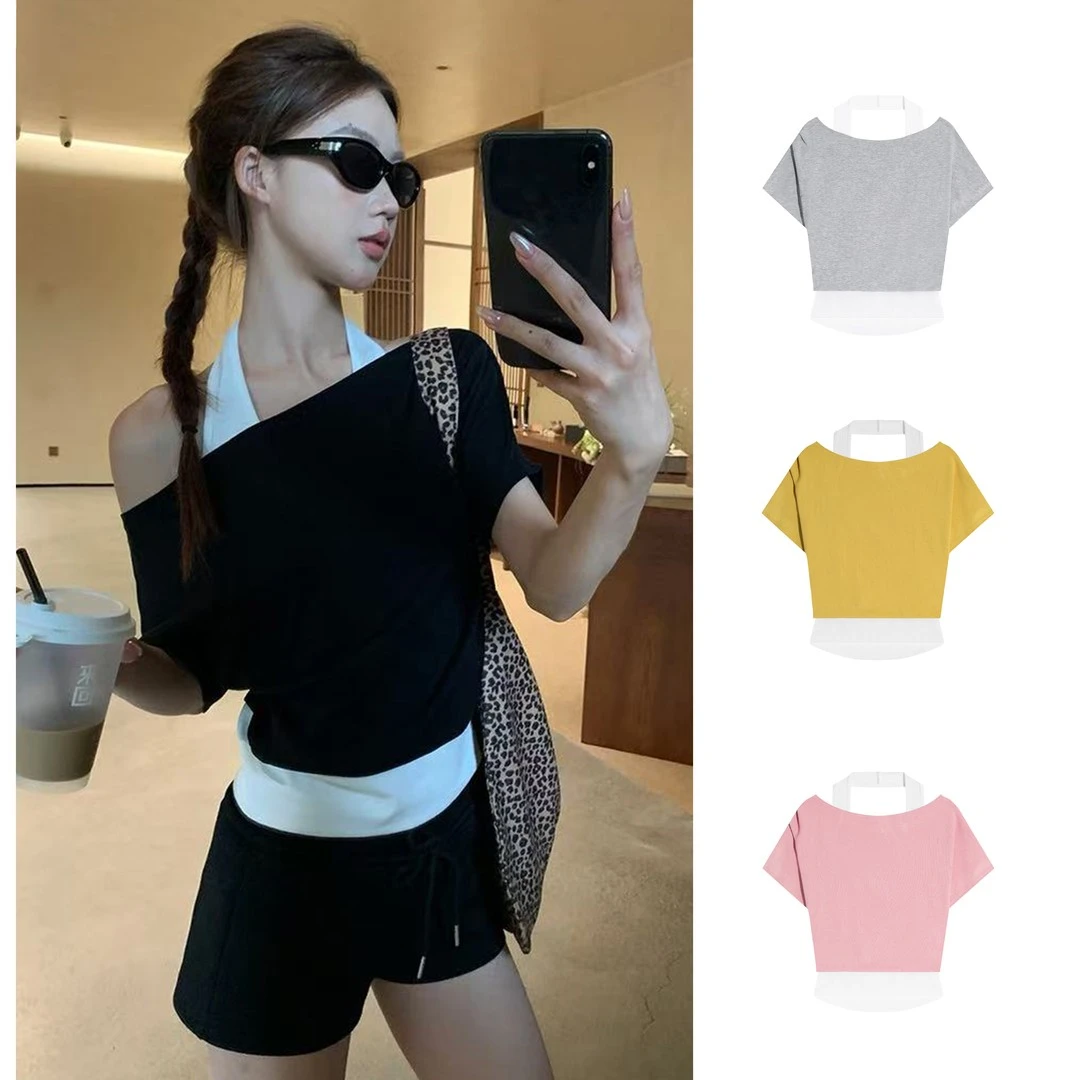 拼接挂脖假两件斜肩短袖T恤女夏新款设计感韩版宽松气质露肩上衣