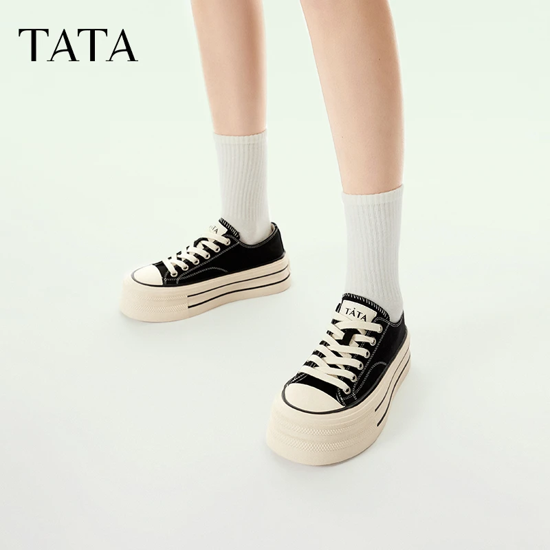 TATA他她彩虹糖厚底帆布鞋女2025春新款黑色板鞋休闲鞋女WP801AM5