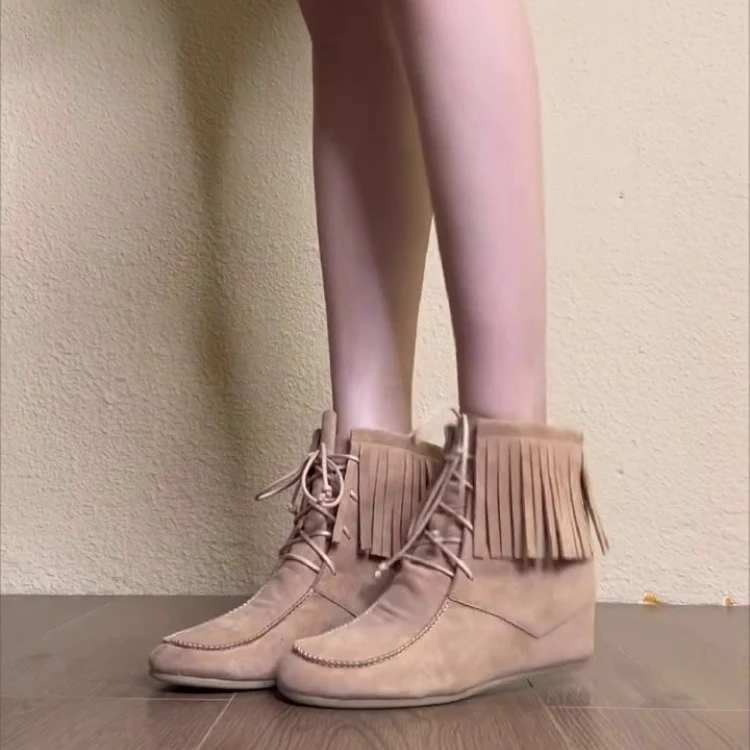 羊皮版~系带流苏袜靴平底靴2025设计感时尚百搭软底马丁靴女
