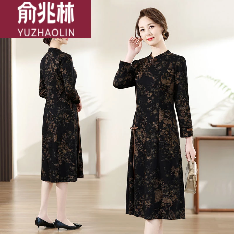 俞兆林中老年女装春秋季新款国风印花连衣裙气质中长款妈妈装长袖