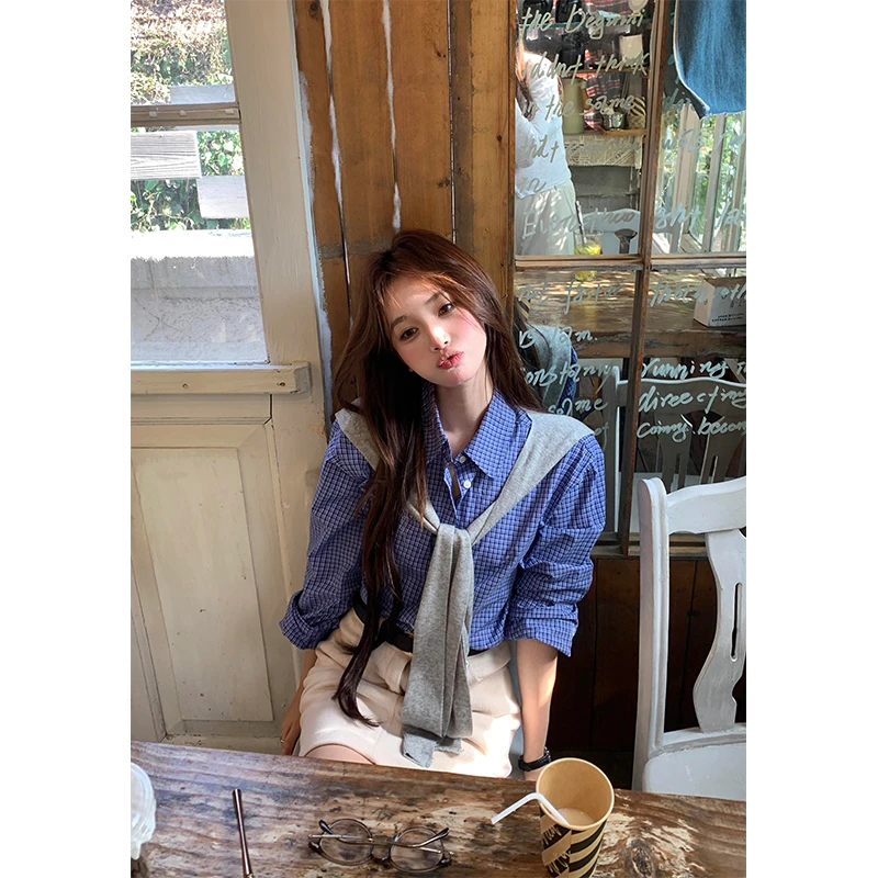 美式慵懒风格子Polo领衬衫女秋季高级感百搭灰色披肩高腰半身裙女