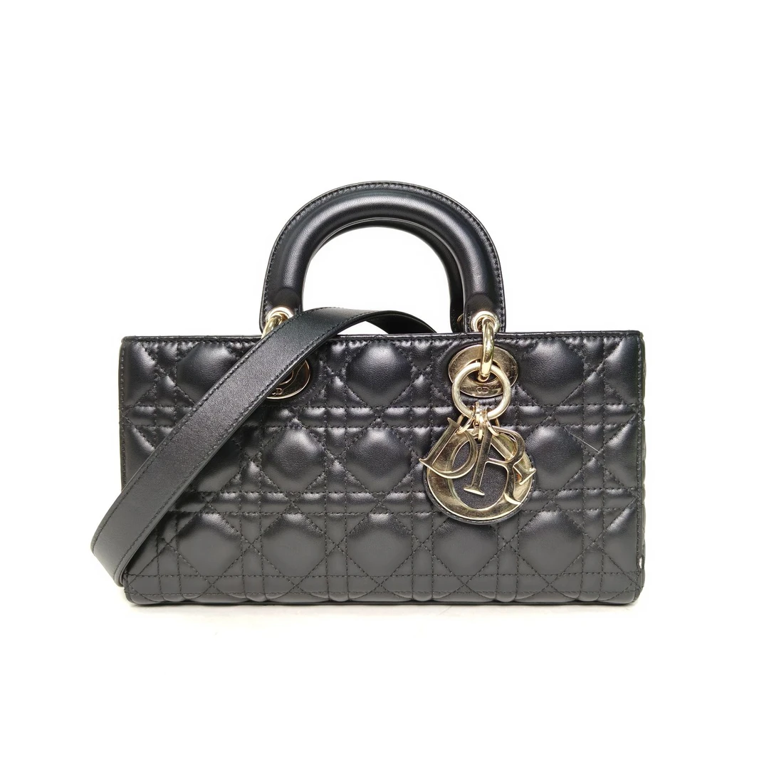 95新 DIOR/迪奥 攀攀 横版戴妃包 中号 26 黑色 皮革S 金扣