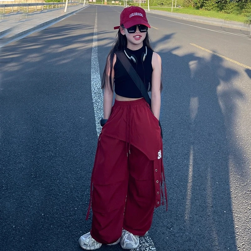 女童美式潮牌街舞速干工装裤2025夏季嘻哈爵士舞阔腿运动裤休闲裤