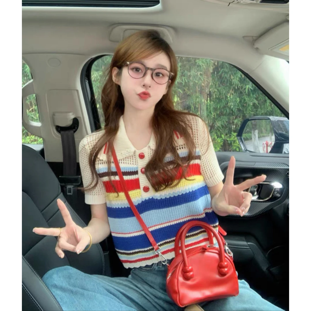 016#多巴胺穿搭2025夏季新款镂空彩色条纹大码针织女宽松上衣