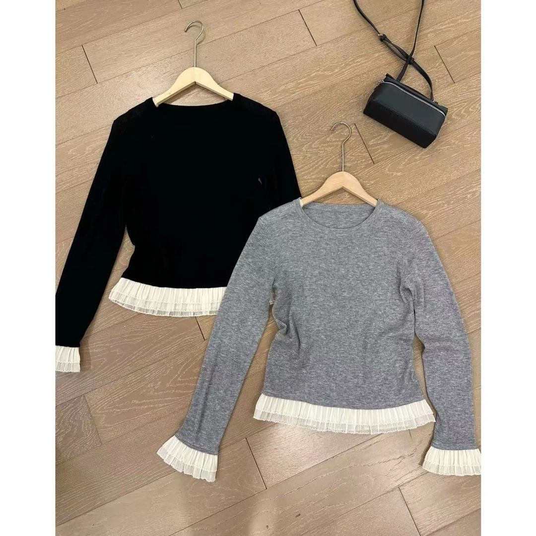 玖了个玖 2025春款圆领显瘦百褶拼接针织纱上衣 2502C546