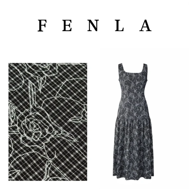 【惠姐私服】黑白细线条花朵无袖洋气独特别致连衣裙 82782