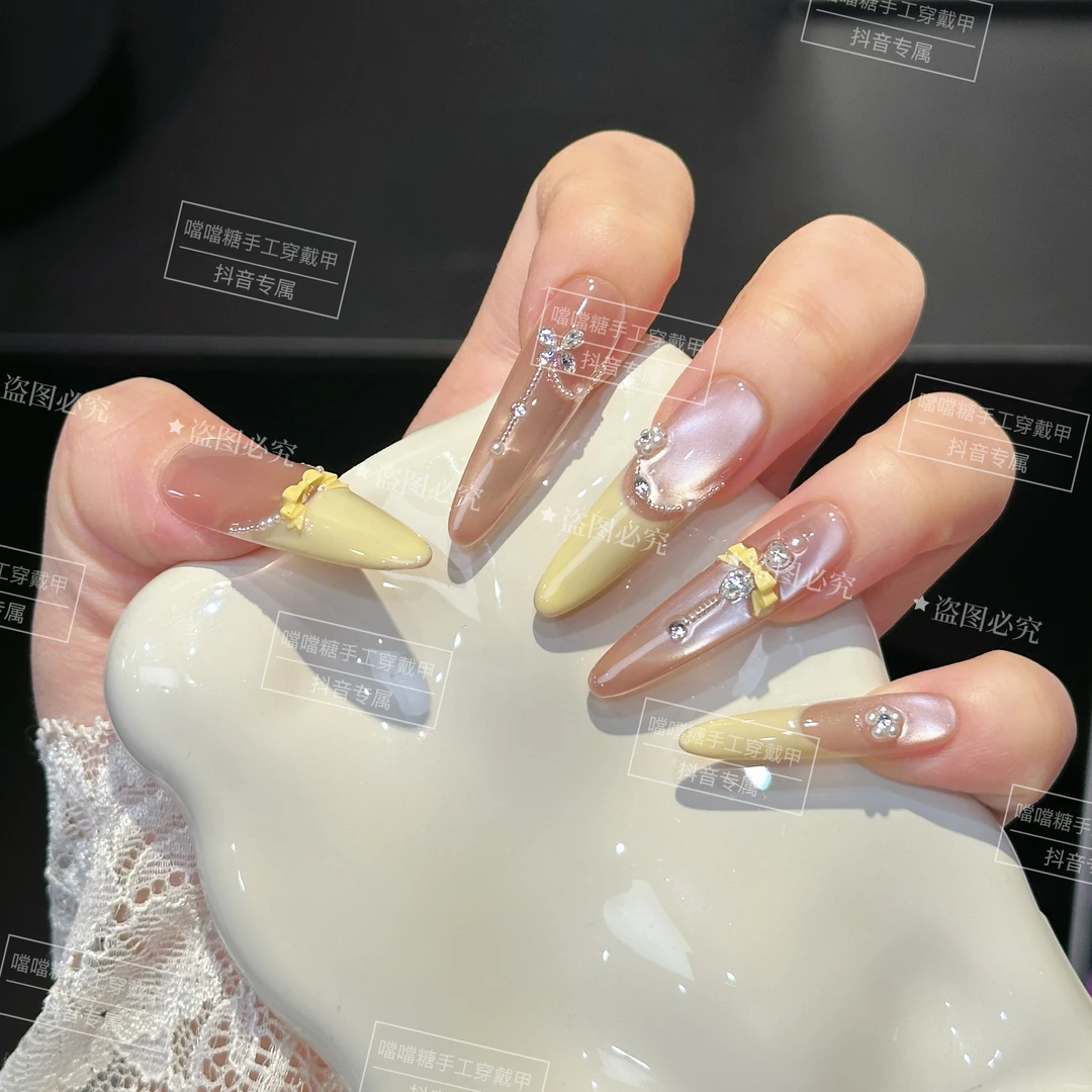 【少女心事】手工穿戴甲春花蝴蝶紫猫眼高级气质显白美甲w7