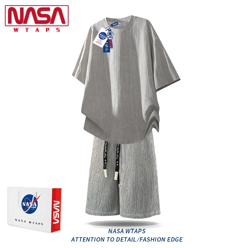 NASA WTAPS潮牌肌理感短袖套装男士夏季冰丝透气速干运动T恤短裤