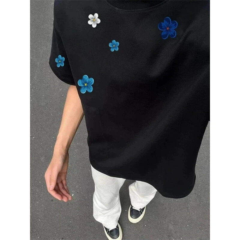 蓝色小花重磅纯棉短袖t恤男夏季cleanfit美式复古高级感穿搭上衣