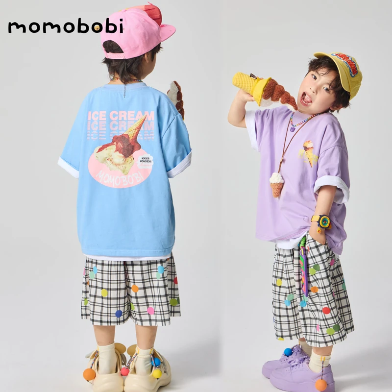 momobobi自制夏款短袖韩版个性冰激凌印花T恤马克龙色百搭上衣潮