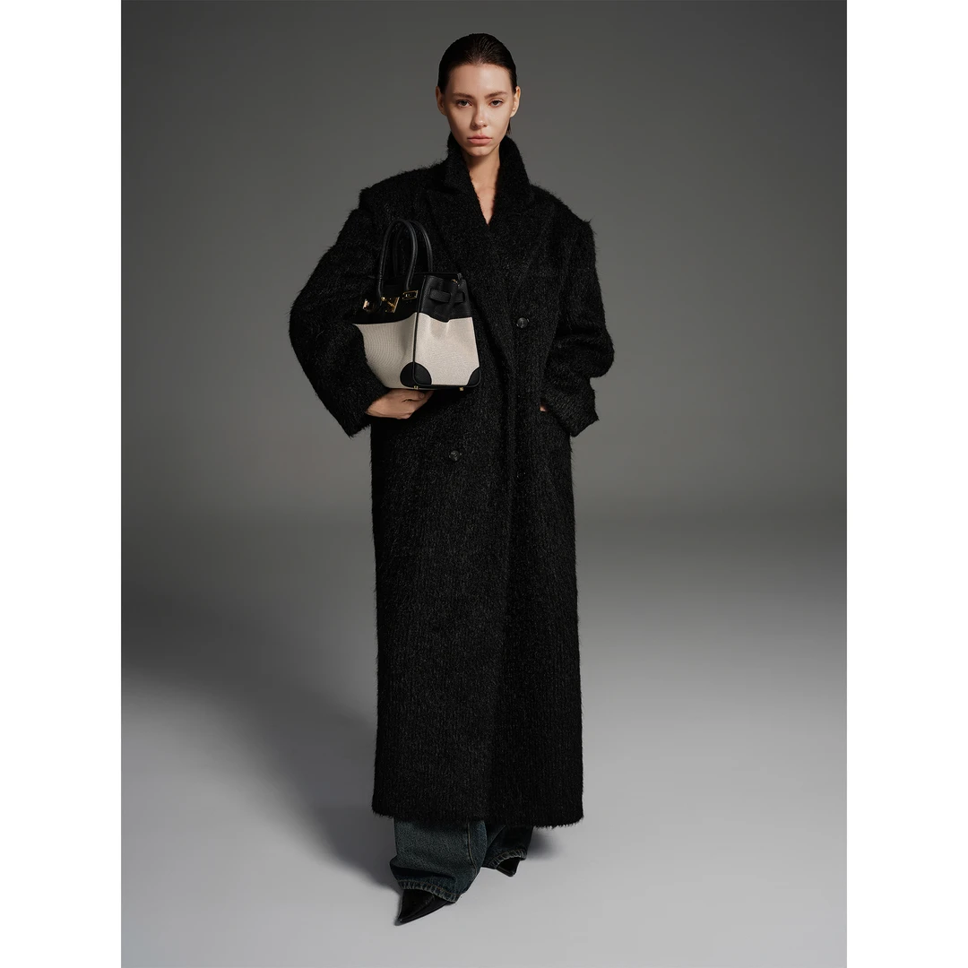 周淼【赫本纪】复古雅黑竖坑条长短款单面呢大衣外套女ZM25D8818Z