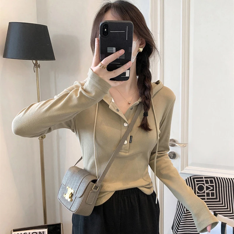 休闲风连帽长袖t恤女2025春秋新款韩版修身显瘦短款上衣打底衫ins