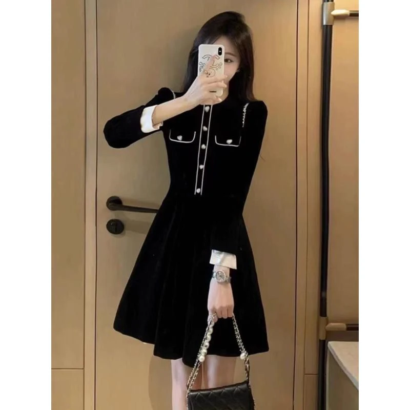【Q493】法式赫本风优雅轻奢精致小个子小礼服裙显瘦收腰珠珠连衣裙