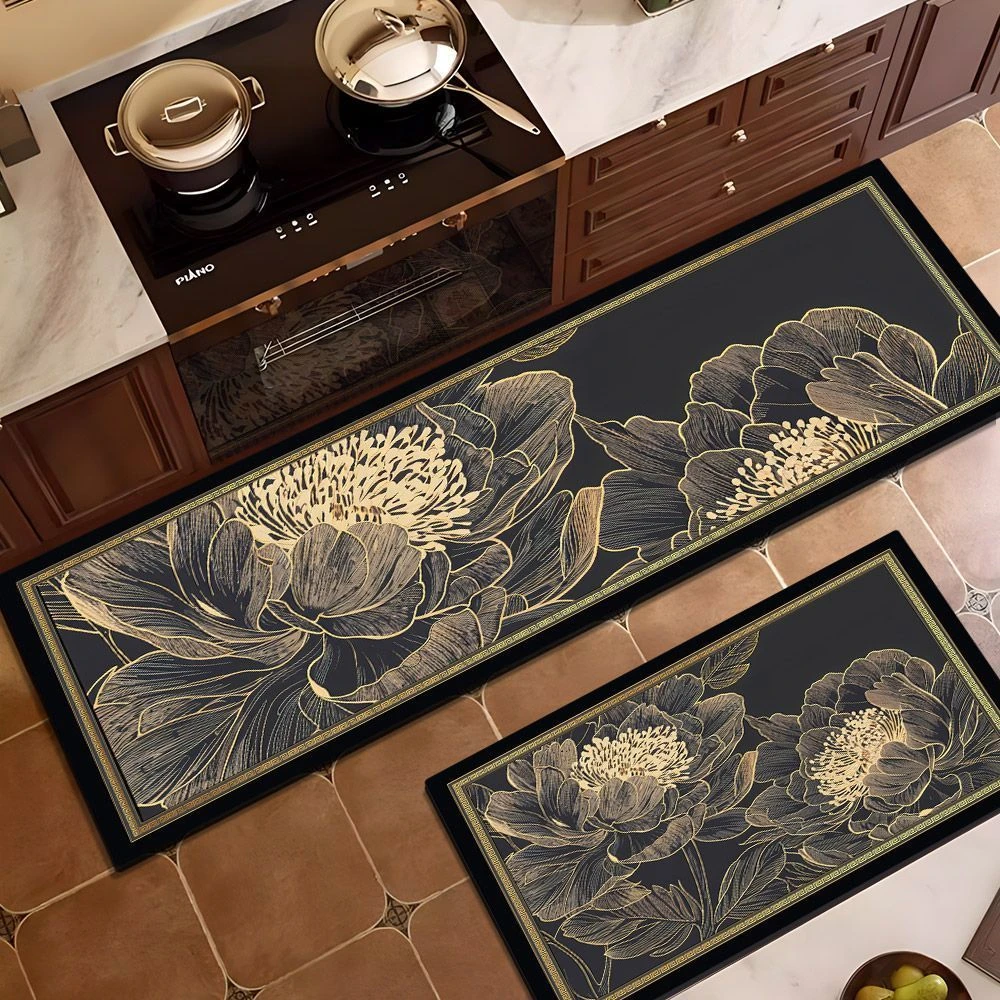 【鎏金花卉80*300cm】硅藻泥地毯厨房走廊防滑吸水垫