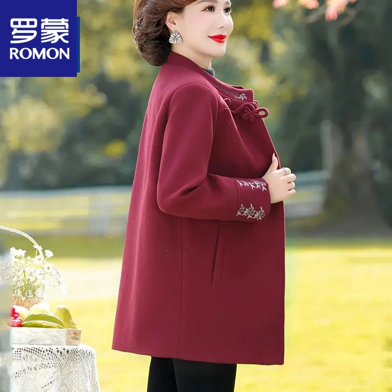 罗蒙气质妈妈春秋装毛呢外套女时尚大码宽松中老年人女装呢子大衣