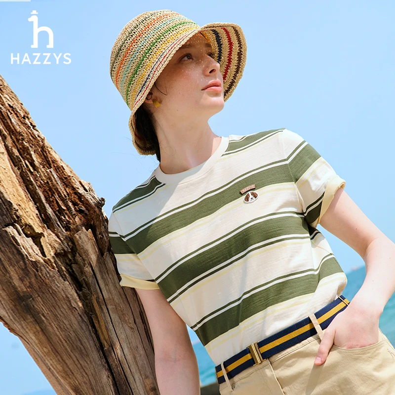 Hazzys哈吉斯条纹圆领短袖T恤夏季复古女士撞色休闲时尚潮流上衣