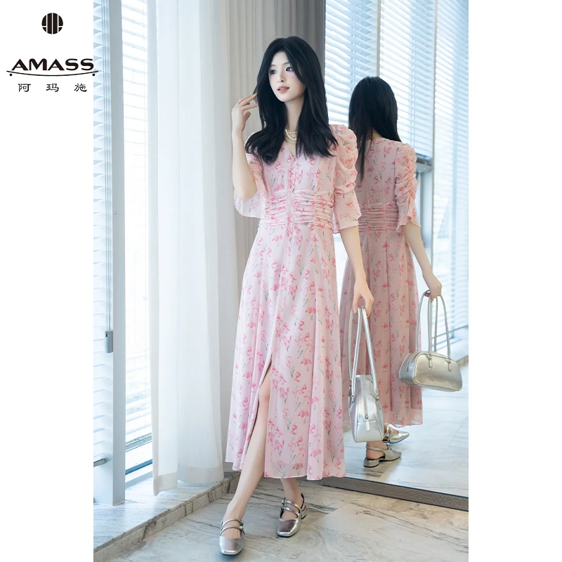 AMASS/阿玛施春夏新款欧若风法式印花茶歇时尚连衣裙长裙女550040