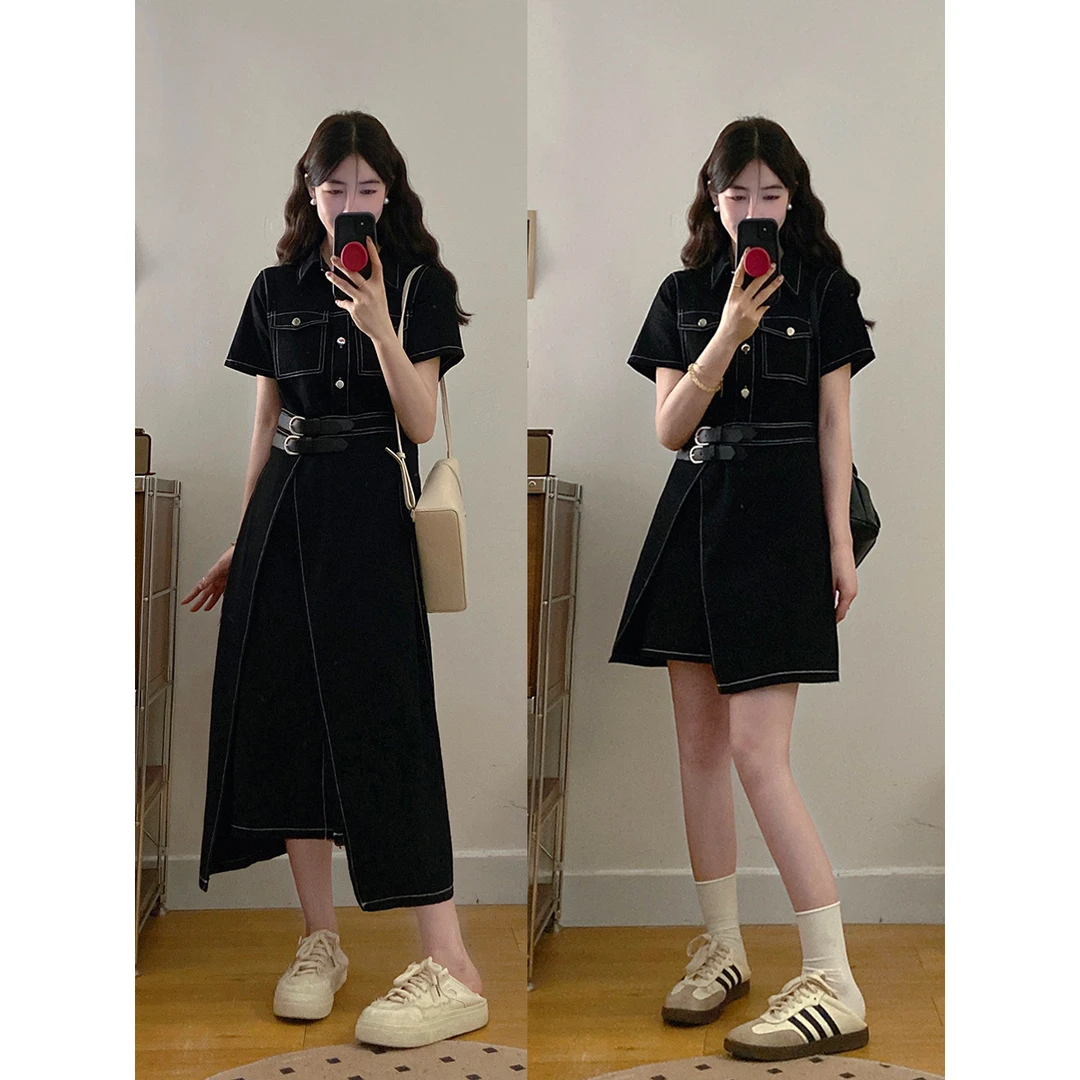 艾薇 大码2025夏季简约复古风一片式设计感收腰显瘦牛仔连衣裙