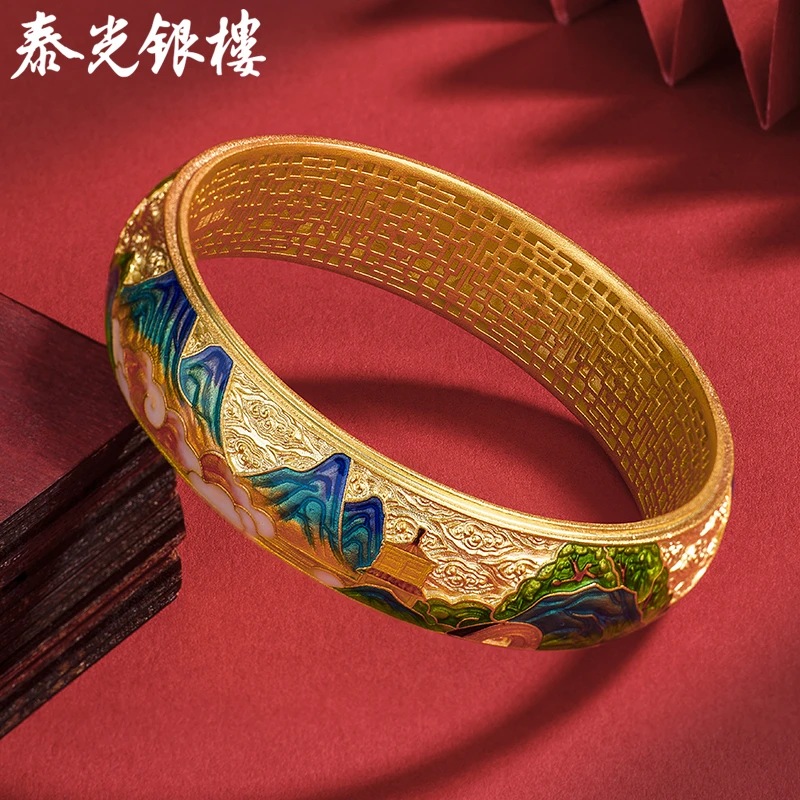 泰光银楼 足银珐琅手镯 足银999珐琅江山如画手镯花丝鎏金款古风