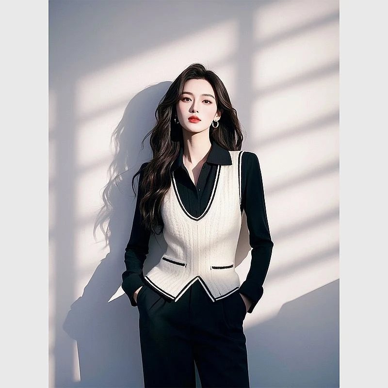 今年爆款假两件白色针织衫拼接衬衫女款2025早春新款内搭打底上衣